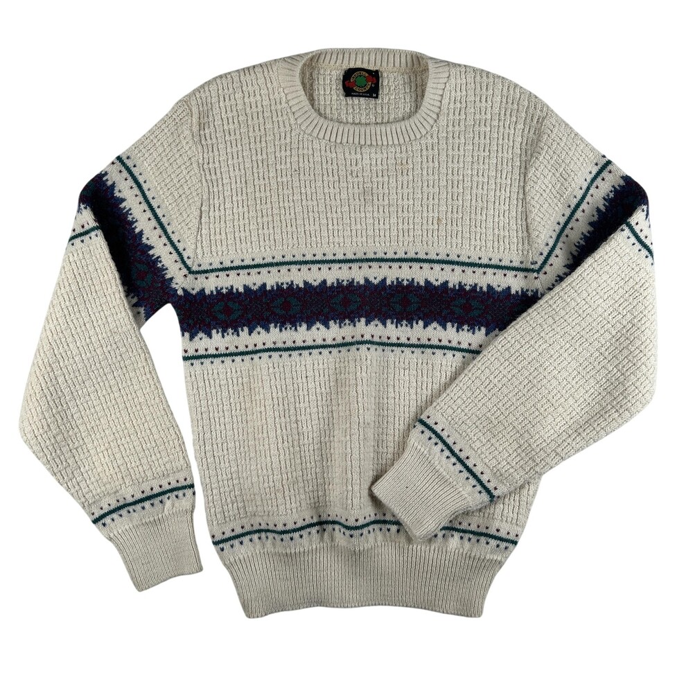 Vintage Clover County Sweater Mens Medium White Fair Isle Waffle Knit USA 80s